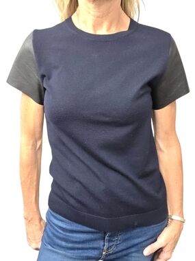 Vince Wool Sweater Lamb Leather Sleeve Top S Purple Black Short Sleeve